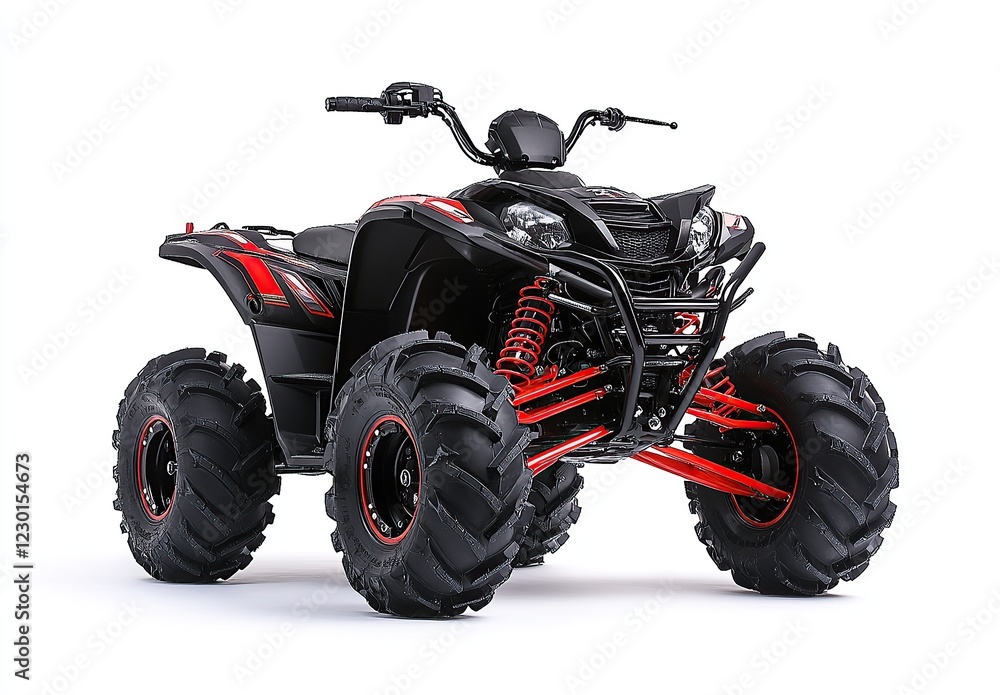 A highly saturated black and red all-terrain vehicle (ATV) with a white background A highly saturated black and red all-terrain vehicle (ATV) with a white background