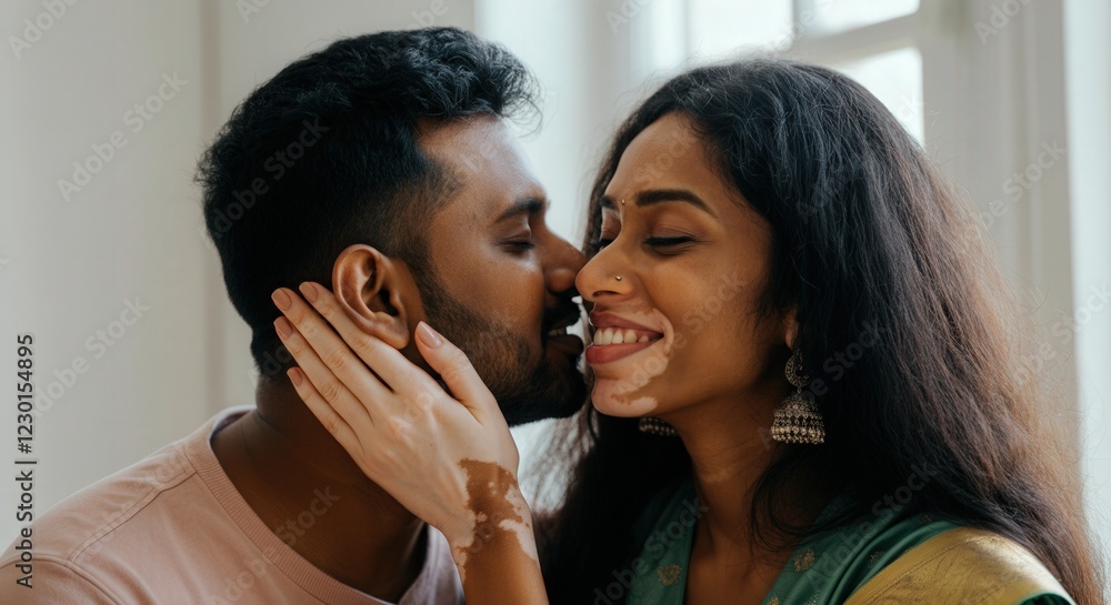 Romantic moment between young south asian couple embracing diversity indoors Romantic moment between young south asian couple embracing diversity indoors