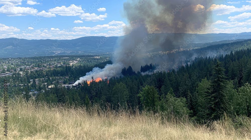 Fototapeta premium Dense smoke billows from forest fire, engulfing trees and threatening nearby homes. scene captures urgency and danger of wildfires