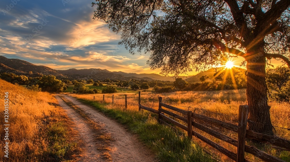 Obraz premium Golden Hour Countryside: A Serene Sunset Landscape