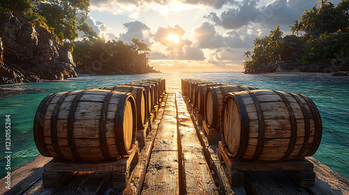 Wooden barrels line a tropical dock at sunset, creating a captivating scene perfect for adventure, travel, or rumrelated projects.