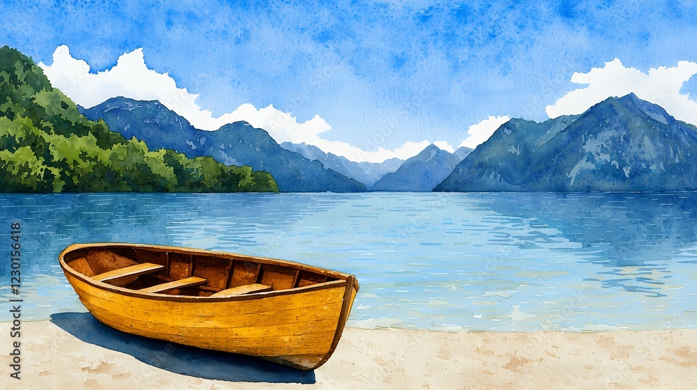 Tranquil Lakeside Scene with Yellow Rowboat and Majestic Mountain Range under a Bright Summer Sky Tranquil Lakeside Scene with Yellow Rowboat and Majestic Mountain Range under a Bright Summer Sky