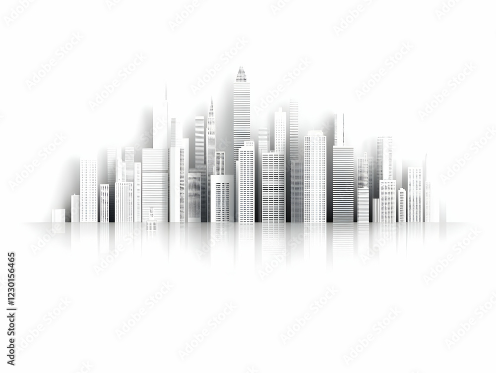 Fototapeta premium Cityscape skyline, urban architecture, white background, reflection, design