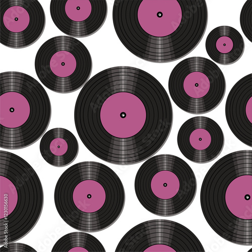 Seamless pattern print wallpaper with vinyl record discs music illustration vector retro style 60s, 70s, 80s, design art background for paper, textile, pack etc.