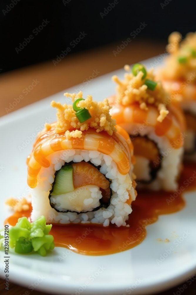 Sushi roll topped with ebi tempura and teriyaki sauce, rice, shrimp, tempura Sushi roll topped with ebi tempura and teriyaki sauce, rice, shrimp, tempura