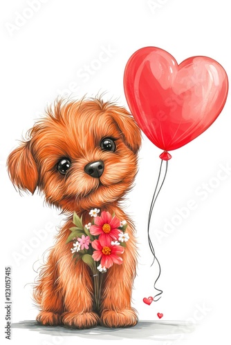 Valentine day card with cute puppy dog holding bouquet of flowers and red balloon in heart shape on white background