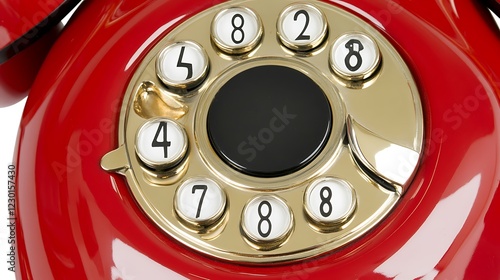 Red rotary dial phone close up. Communication tool photo