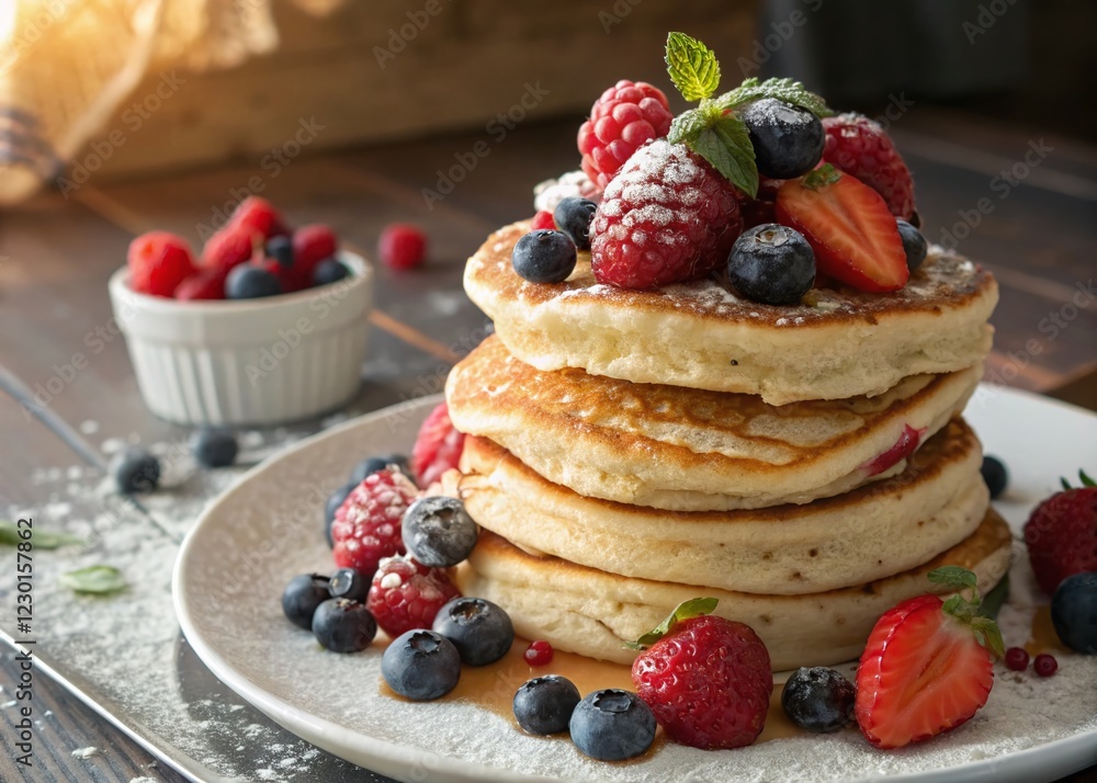 Fluffy Pancakes with Fresh Berries: A Delicious Breakfast Illustration Fluffy Pancakes with Fresh Berries: A Delicious Breakfast Illustration