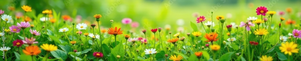 A cascade of wildflowers spilling over a cassava leaf patch, meadow, cascading A cascade of wildflowers spilling over a cassava leaf patch, meadow, cascading