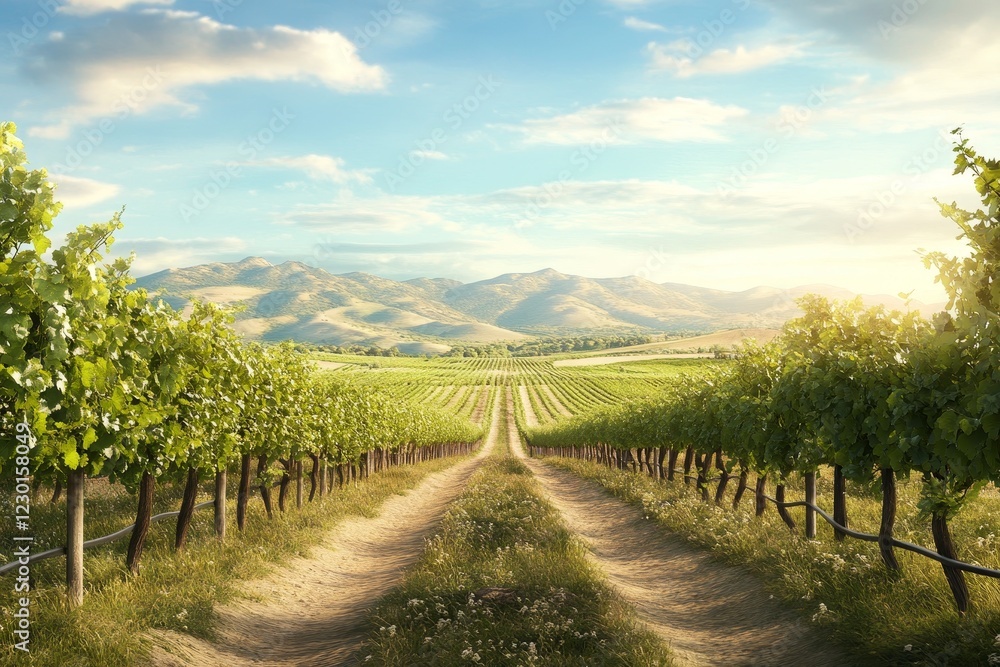 Fototapeta premium The road is surrounded by rows of grape vines, and the sun is shining brightly