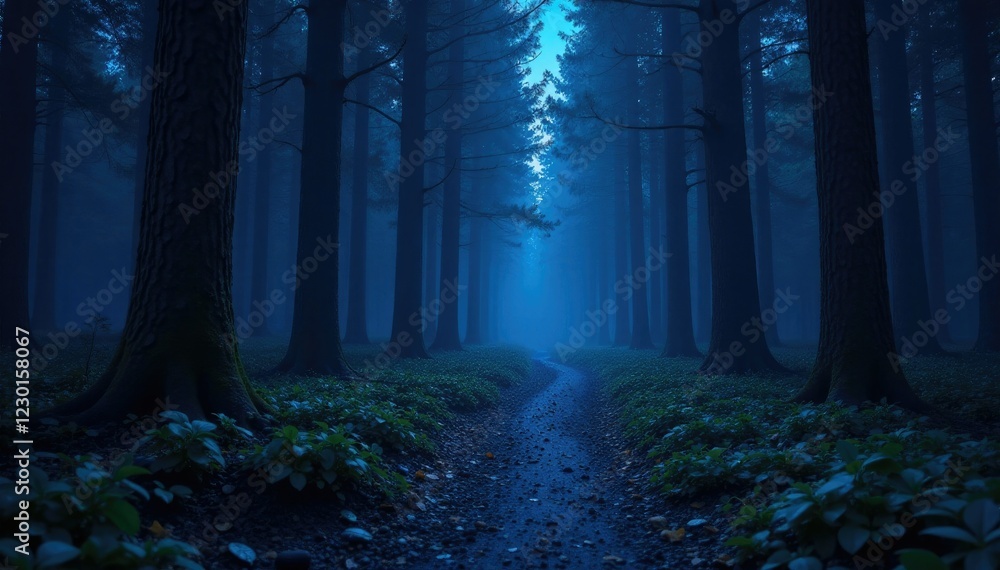 A dark forest with a serpentine path of twinkling blue stars, starlight, nocturnal, mysterious A dark forest with a serpentine path of twinkling blue stars, starlight, nocturnal, mysterious
