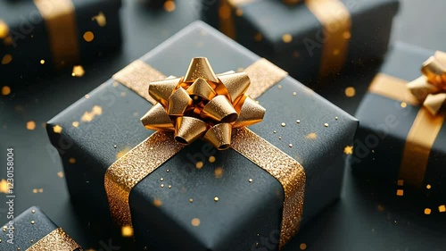 Elegant Black Gift Box with Golden Bow on Dark Background