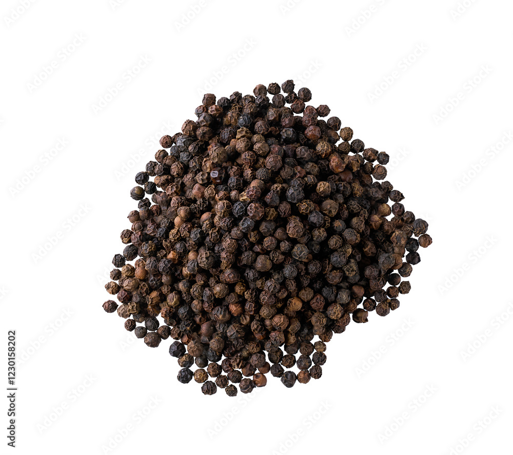 Pile black peppercorns isolated on white background, top view. Pile black peppercorns isolated on white background, top view.