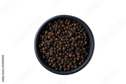 black pepper seeds in a black ceramic bowl isolated on white background, top view.