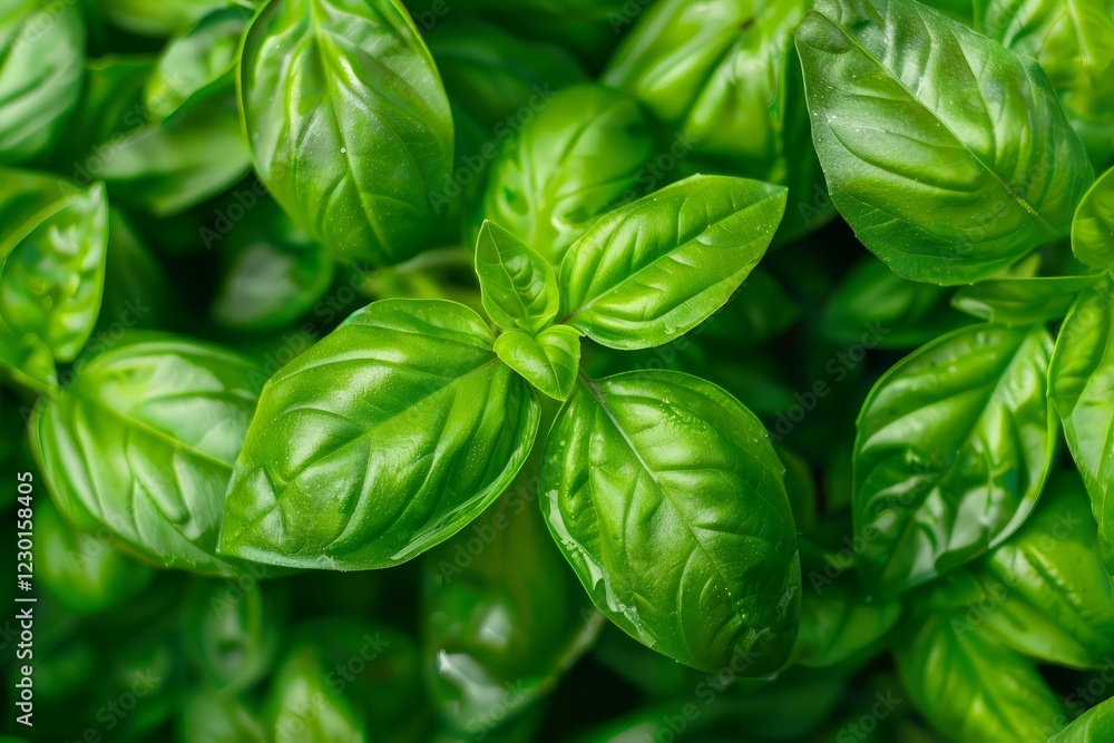 Fototapeta premium Close up view showing fresh green basil growing in garden