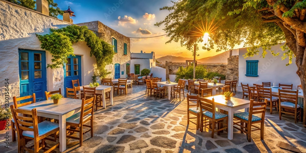 Obraz premium Folegandros Greece: Sun-Dappled Taverna Tables & Chairs - Idyllic Island Restaurant Scene