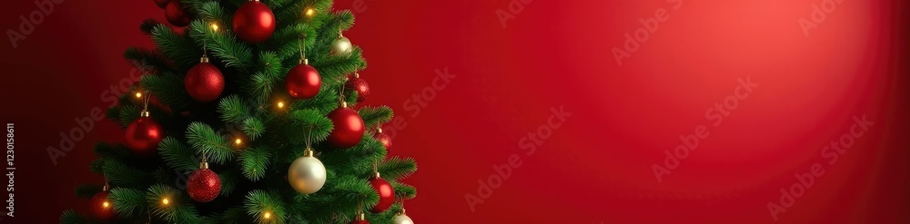 Fototapeta premium A large evergreen tree with ornaments and lights against a warm red wall, holiday, decor, lights