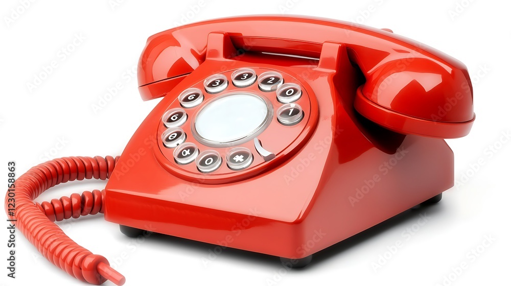 Red rotary phone sits on white background Red rotary phone sits on white background