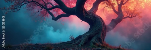 Colorful smoke curls around a twisted, gnarled tree, gnarled, atmospheric, branches photo