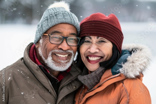 Portrait of a grinning multiethnic couple in their 60s wearing a lightweight packable anorak over backdrop of a frozen winter lake photo