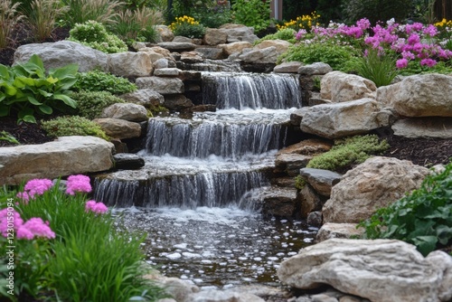 A small cascading waterfall in a garden surrounded by vibrant flowers, lush greenery, and rocks, creating a serene and picturesque outdoor scene