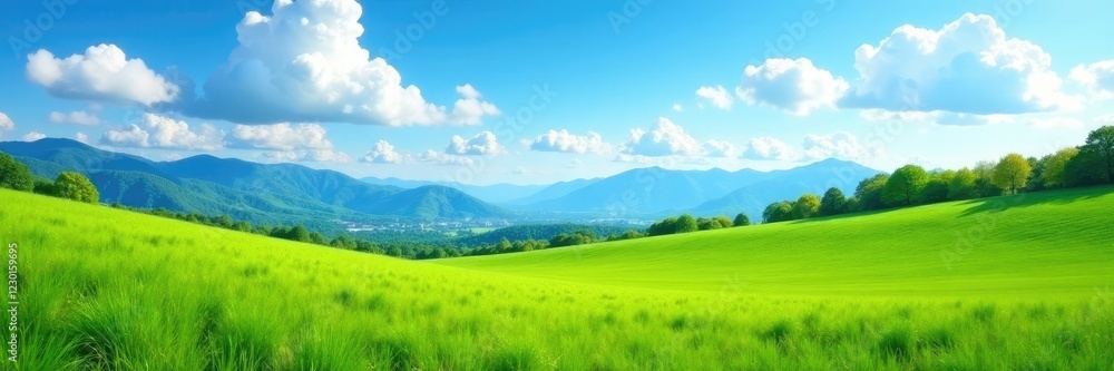 A serene scene of a green grass field under a brilliant blue sky with cumulus clouds and distant mountain peaks, Landscapes, Spring, Summer A serene scene of a green grass field under a brilliant blue sky with cumulus clouds and distant mountain peaks, Landscapes, Spring, Summer