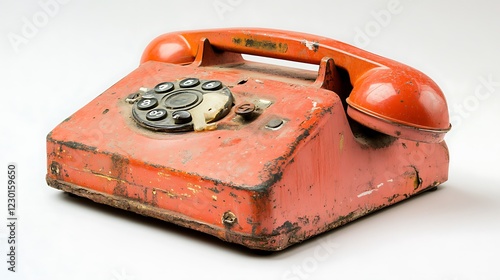 Red rotary telephone sits on a white background photo