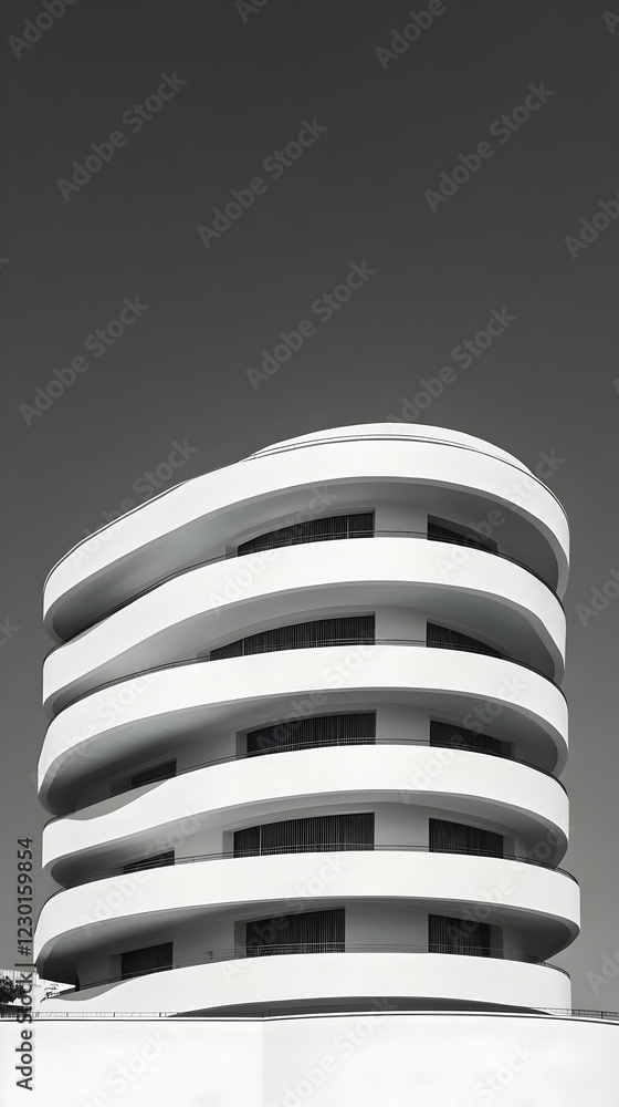 Modern white building, city, spiral design, overcast sky, architectural photography Modern white building, city, spiral design, overcast sky, architectural photography
