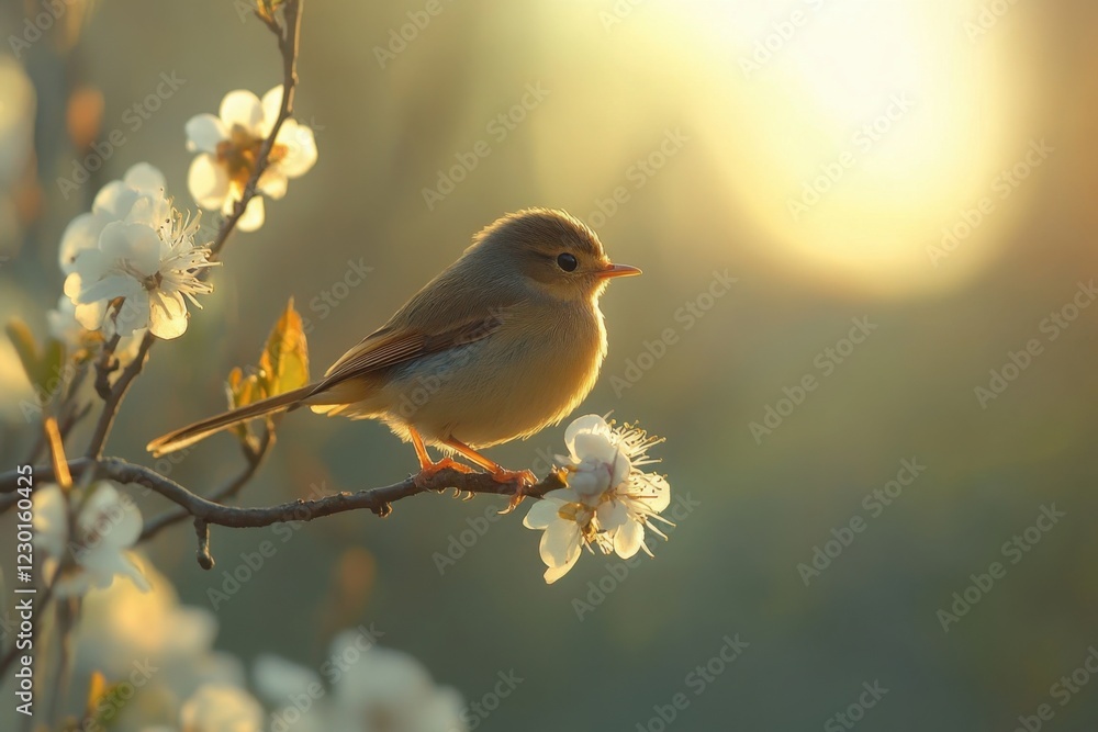 A small bird perched on a blooming branch with white flowers, illuminated by warm golden sunlight, creating a serene and picturesque spring scene A small bird perched on a blooming branch with white flowers, illuminated by warm golden sunlight, creating a serene and picturesque spring scene