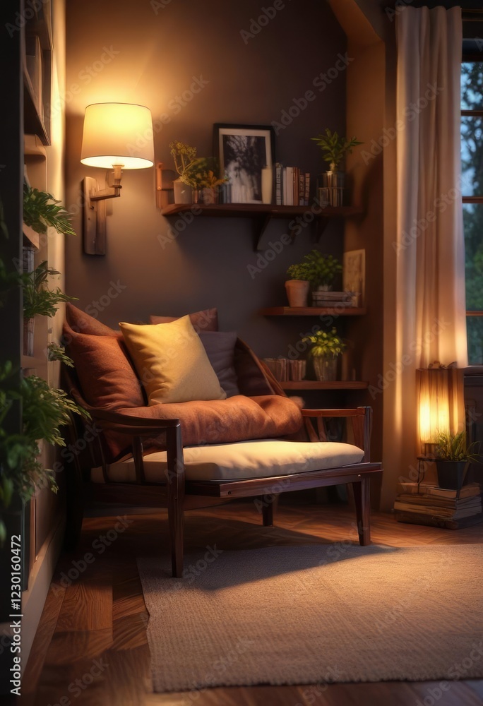 Fototapeta premium Soft Focus Reading Nook with Dark Wood Tones and Warm Lighting, bookshelves, cozy corner