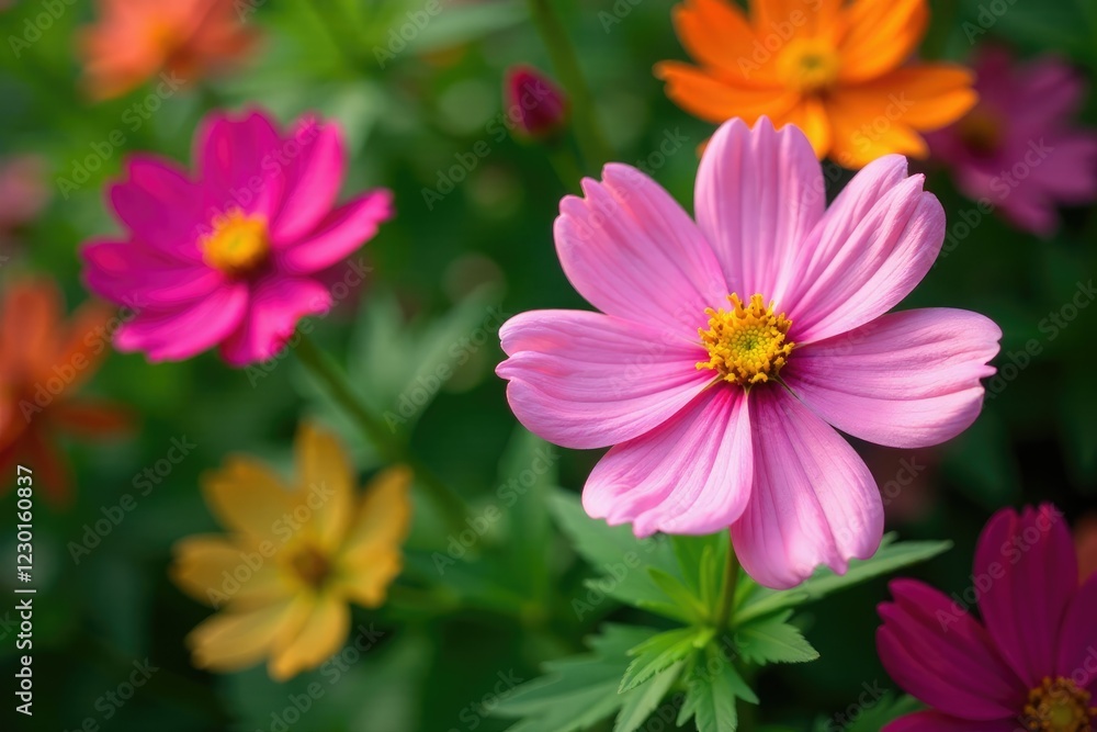 Colorful rose cosmos blooms on bright green leaves, roses, floral, summer blooms Colorful rose cosmos blooms on bright green leaves, roses, floral, summer blooms