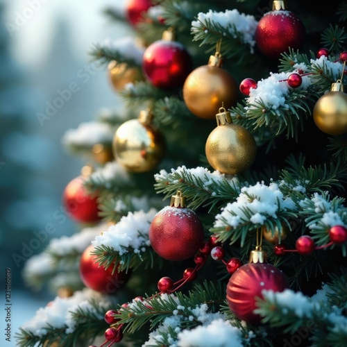 Wallpaper Mural Colorful ornaments and garlands draped over a snow-covered evergreen tree, seasonal, tree Torontodigital.ca