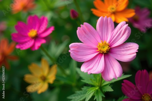 Wallpaper Mural Colorful rose cosmos blooms on bright green leaves, roses, floral, summer blooms Torontodigital.ca