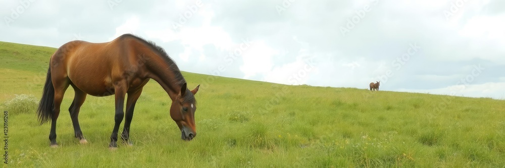 Horse grazing peacefully in lush green meadow under cloudy sky, grassy field, England, rural Horse grazing peacefully in lush green meadow under cloudy sky, grassy field, England, rural