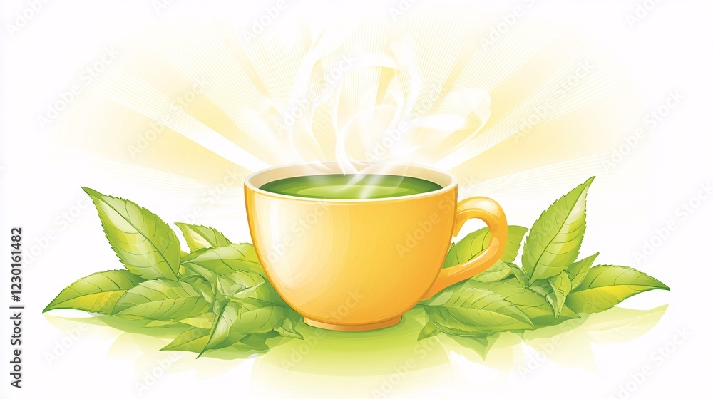 vibrant, hand-drawn image of a steaming cup of Dragon Well green tea surrounded by delicate tea leaves. Dragon Well Green Tea vibrant, hand-drawn image of a steaming cup of Dragon Well green tea surrounded by delicate tea leaves. Dragon Well Green Tea