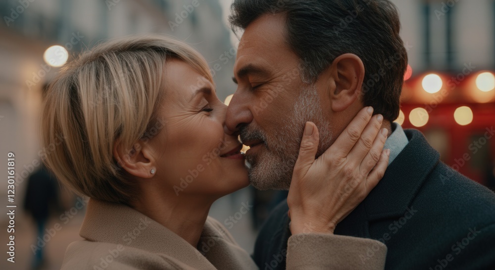 Romantic moment between mature caucasian couple embracing in a city street during winter evening