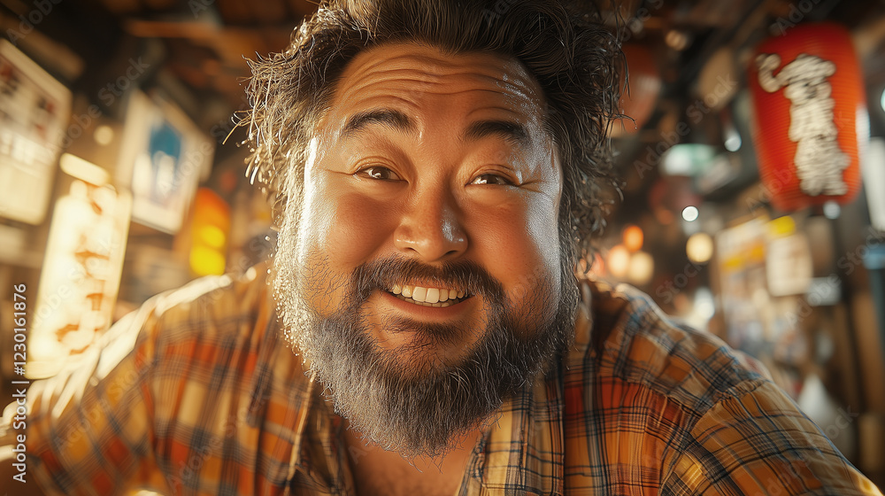 A joyful man with a beard smiles warmly in a vibrant bar setting, showcasing a friendly atmosphere and engaging personality A joyful man with a beard smiles warmly in a vibrant bar setting, showcasing a friendly atmosphere and engaging personality
