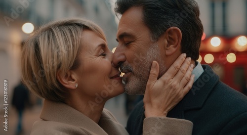 Obraz na płótnie Romantic moment between mature caucasian couple embracing in a city street during winter evening w salonie