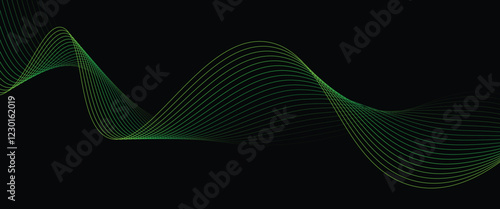 Vector abstract light lines wavy flowing dynamic in green colors isolated on black background.