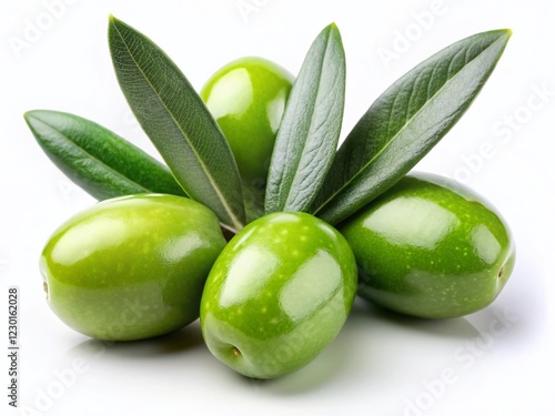 Wallpaper Mural Fresh Green Olives with Shiny Leaves Isolated on White Background - High-Resolution Stock Photo Torontodigital.ca