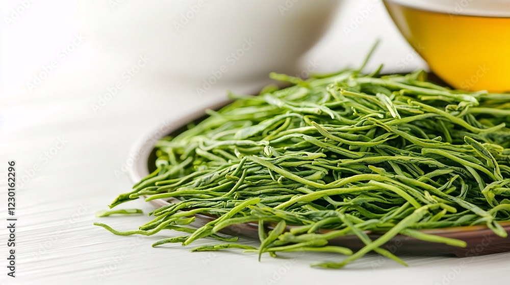 close-up illustration of Dragon Well green tea leaves placed on a traditional Chinese tea tray, with soft shadows. Dragon Well Green Tea close-up illustration of Dragon Well green tea leaves placed on a traditional Chinese tea tray, with soft shadows. Dragon Well Green Tea