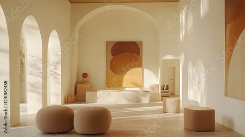 Serene Minimalist Interior Design: Sunlit Beige Room with Abstract Art