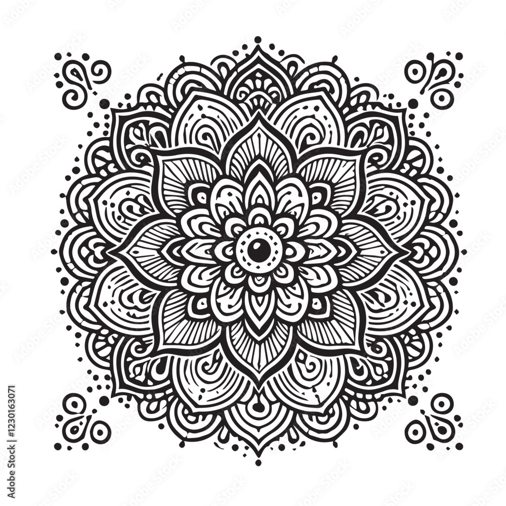 Circular pattern in form of mandala with flower for Henna, Mehndi, tattoo, decoration. Decorative ornament in ethnic oriental style. Outline doodle hand draw vector illustration Circular pattern in form of mandala with flower for Henna, Mehndi, tattoo, decoration. Decorative ornament in ethnic oriental style. Outline doodle hand draw vector illustration