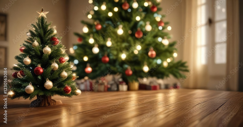 Sparkling Christmas tree lights and ornaments on a wooden table, holiday decorations, wooden table Sparkling Christmas tree lights and ornaments on a wooden table, holiday decorations, wooden table