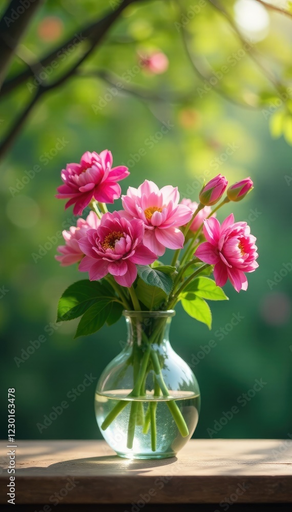 Fresh flowers in a delicate vase hang from tree branches, spring, nature, vase Fresh flowers in a delicate vase hang from tree branches, spring, nature, vase