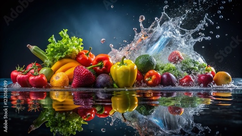 Fresh Produce Splash: Vibrant Fruits & Vegetables Plunging into Water