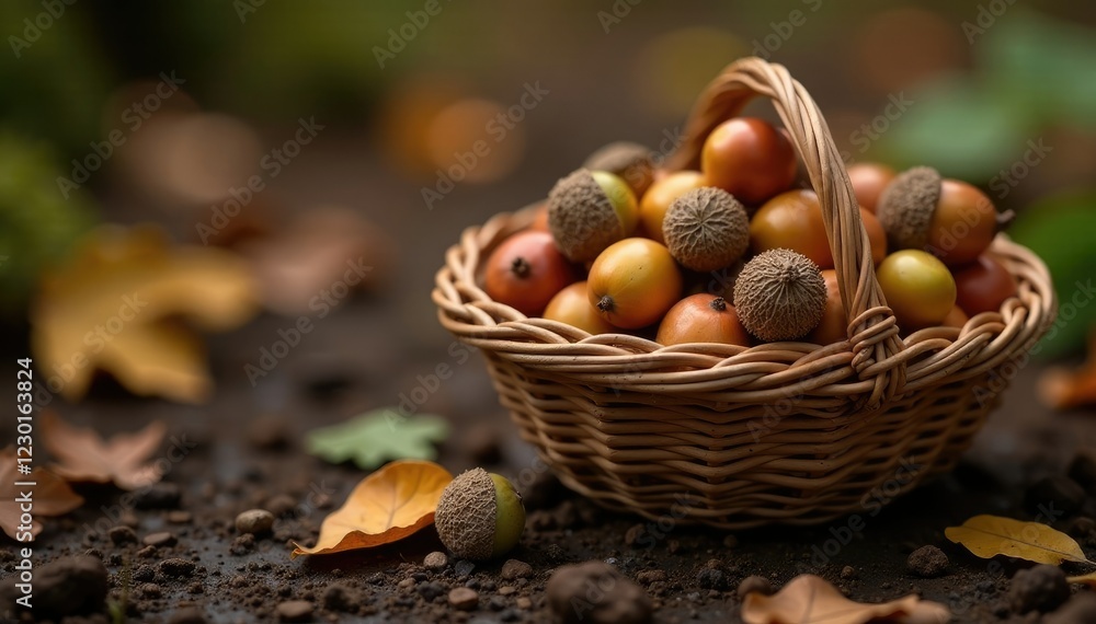 Freshly fallen acorns in a handmade woven basket on dirt floor, acorns, forest floor Freshly fallen acorns in a handmade woven basket on dirt floor, acorns, forest floor