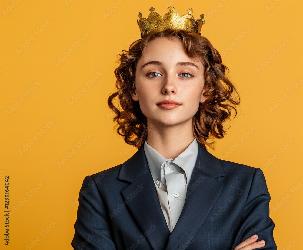 Confident young woman with curly hair wearing a suit and a golden crown against a vibrant yellow backdrop. Crowned for Success , Leadership and Ambition Confident young woman with curly hair wearing a suit and a golden crown against a vibrant yellow backdrop. Crowned for Success , Leadership and Ambition