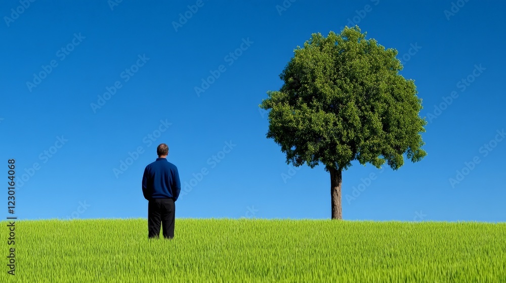 Contemplation Under the Summer Sky: A lone man stands in a vibrant green field, gazing towards a solitary tree against a backdrop of a clear, azure sky. The image evokes a sense of peace. Contemplation Under the Summer Sky: A lone man stands in a vibrant green field, gazing towards a solitary tree against a backdrop of a clear, azure sky. The image evokes a sense of peace.