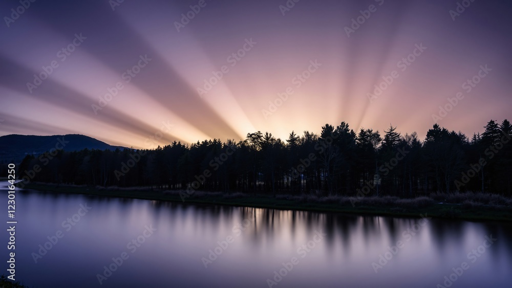 Fototapeta premium Serene Sunset over Silhouetted Forest and Calm Lake